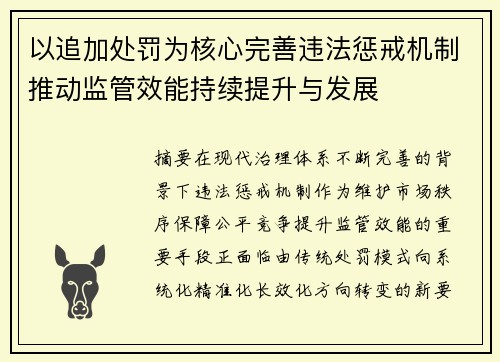 以追加处罚为核心完善违法惩戒机制推动监管效能持续提升与发展 以追加处罚为核心完善违法惩戒机制推动监管效能持续提升与发展