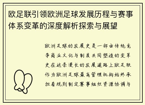 欧足联引领欧洲足球发展历程与赛事体系变革的深度解析探索与展望